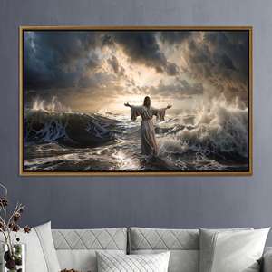 Jesus Walking on Water Printed <b>Canvas</b> - Spiritual Ocean Storm Art,GOLD <b>FRAMED</b> <b>CANVAS</b> - Product Image 1