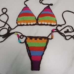 Conjunto de Bikini Personalizado de Fábrica, Sexy, Tejido, con Tirantes Ajustables, Tanga con Lazos, Diseño de Rayas, Traje de Baño - Product Image 4