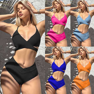 Maillot de bain personnalisé taille haute confortable bikini deux pièces sexy de couleur unie pour femmes avec bretelles respirantes - Product Image 1