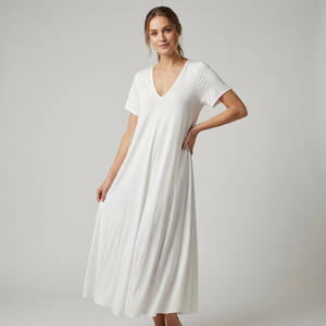 Vestido Midi con Corte Evase, Cuello en V y Mangas Cortas, 100% Viscosa, Cintura Natural, Estilo Casual de Primavera, Lavable - Product Image 2