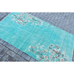 Alfombra Turca Vintage, Alfombra de 3.7x6.7 pies, Alfombra de Lana Sólida Azul y Blanca - Product Image 4