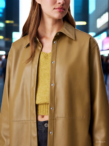 Women's Genuine Sheep <b>Leather</b> <b>Shirts</b> Button Closure Outerwear with Double Pockets Vintage Streetwear Letterman Design for Winter - Product Image 6