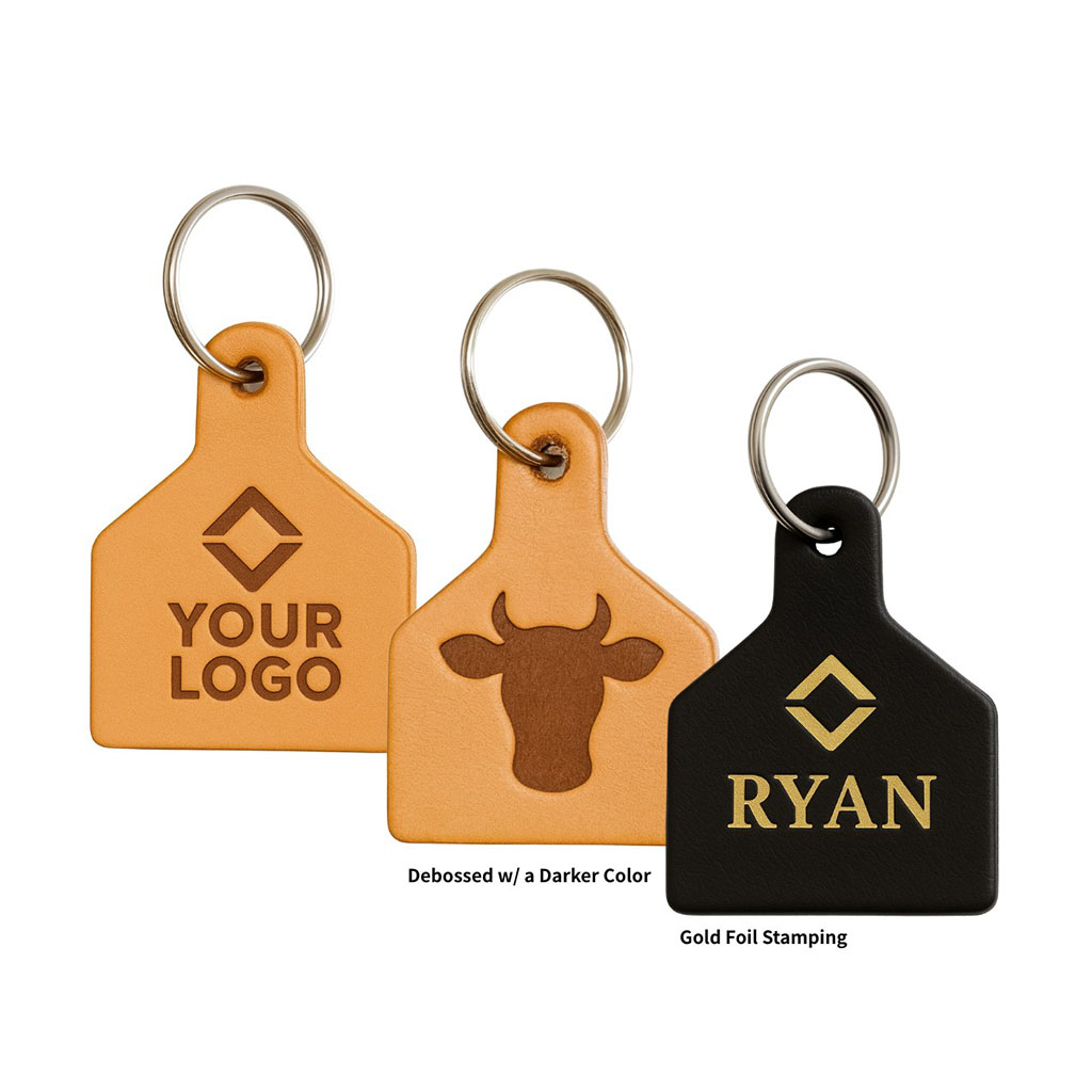 Cow Tag Keychain Western Style Leather Wood Design