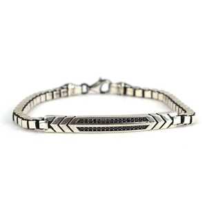 Tibetan Silver Unisex Tennis <b>Bracelet</b> with Onyx and Topaz Carved Arrow Motif Gift Channel Setting - Product Image 1