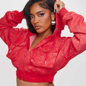 Vente chaude personnalisé rouge goutte épaule femmes lavé Cargo sweat à capuche court Anti-rides et respirant sweats à capuche femmes sweat à capuche zippé - Product Image 1