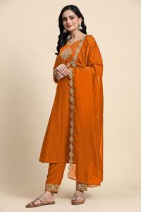 Conjunto Salwar de Organza con Bordado y Mezcla de Seda para Mujer, con Dupatta (G263-Naranja), Ropa Étnica India/Pakistaní para Bodas - Product Image 3
