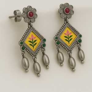 Boucles d'oreilles clous en argent sterling 925 faites à la main, motif floral créatif, bijoux indiens vintage, sertissage géométrique, cadeau de fête - Product Image 3