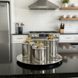 Silver Luxury Tea Coffee Sugar Biscuit Canister Set Home <b>Kitchen</b> Dishwasher Safe Handmade Metal Flip Top Butterfly Lid Container - Product Image 5