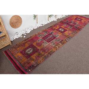 Vintage Turkish Rug, 2.8x11.1 ft <b>Runner</b> Rug, <b>Red</b> Herki Moroccan Rug - Product Image 4