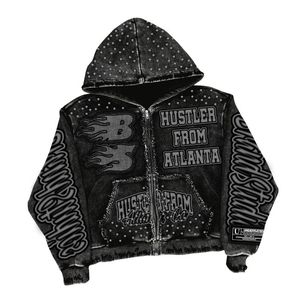 600 Plus GSM Heavy Fleece Terry Cotton Sudaderas con capucha personalizadas Bordado de manga completa Bolsillos de diamantes de imitación Diseño de capucha de marca - Product Image 1