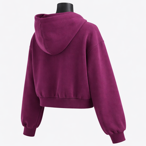 Sudadera con capucha corta de forro polar con cremallera completa para mujer, manga abullonada, capucha con cordón, color liso, logotipo personalizado, OEM, marca privada - Product Image 6