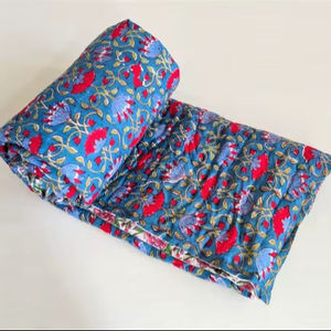 Hand Block Printed Cotton Quilt Floral Razai Reversible <b>Blanket</b> Bedding - Product Image 1