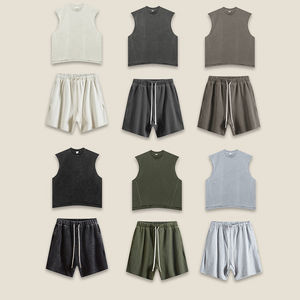 ขายส่งที่กําหนดเองขอบดิบที่ห้ากางเกงวอร์มเสื้อกั๊กว่างเปล่าล้างกีฬากางเกงขาสั้นผ้าฝ้ายชุดเสื้อแขนกุด - Product Image 4