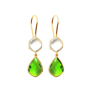 925 Sterling Silver <b>Peridot</b> Quartz Crystal Quartz Drop Dangle Bezel <b>Earrings</b> <b>Gold</b> Vermeil Hexagon Briolette Gemstone <b>Earrings</b> - Product Image 1