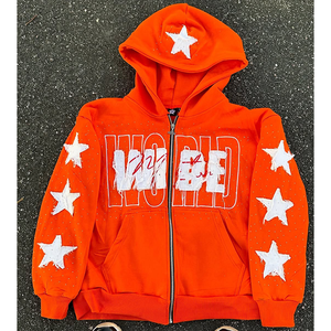 Sweat à capuche personnalisé en coton épais brodé avec patch zippé et strass Sweat à capuche personnalisé surdimensionné vieilli Vintage lavé à l'acide pour hommes - Product Image 1