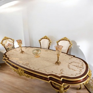 Ensemble de table à manger en acajou européen de luxe 5 pièces Sculpture dorée artisanale Design moderne du milieu du siècle 6 places Meubles de maison - Product Image 5