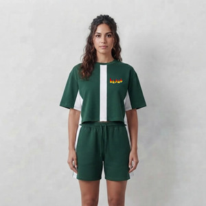 Wholesale Custom Embroidered logo Summer Casual Wear Crop <b>Top</b> Short Set Women Regular Fit Lace Vintage Patches Ladies 2 Piece - Product Image 1
