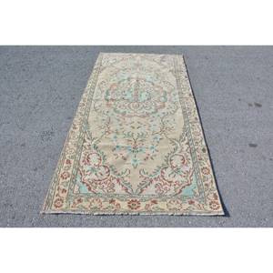 Vintage 4 X 7,9ft Beige Bleu Turc Laine Tapis Classique Grande Surface Rectangle Patchwork Abstrait Couloir Motif pour Chambre Adolescent - Product Image 1