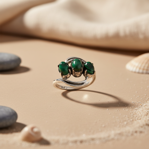 Vintage 925 Sterling <b>Silver</b> Three Stone Jade <b>Ring</b> Plant Pattern Prong Setting Unisex Everyday Wear - Product Image 1