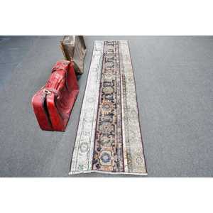 Alfombra Vintage de Lana Turca con Rayas Azules, 2x7.7 pies - Product Image 1