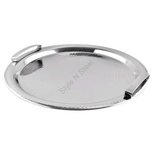 Bandeja Redonda de Acero Inoxidable para Servir, Bandeja con Doble Mango de Patti, Diseño Martillado Ecológico, Plata, Tamaño Grande, Venta Al por Mayor - Product Image 1