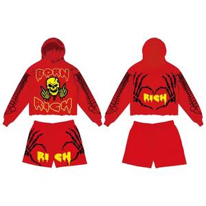 Vente en gros de sweat à capuche décontracté pour hommes ensemble court 100% coton respirant léger écologique hiver imprimé strass techniques solide - Product Image 6