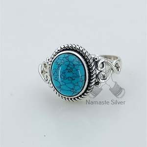 Turquoise Gemstone <b>Ring</b> Handmade Boho <b>Statement</b> Sterling <b>Silver</b> Jewelry Rhodium for Birthday Anniversary Wedding Christmas Gift - Product Image 5