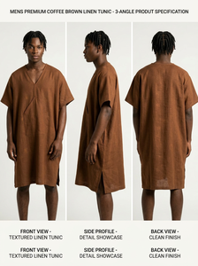 ชุดผ้าลินินสีน้ำตาลสไตล์มินิมอลแบบดั้งเดิมสำหรับผู้ชายชาวแอฟริกัน ทรงหลวม ระบายอากาศได้ดี เป็นมิตรกับสิ่งแวดล้อม พร้อมลายปักแบบชาติพันธุ์ - Product Image 5