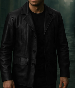 Veste en cuir noire slim fit pour homme Leather Cult, col rabattu, simple boutonnage, style décontracté chic, idéale pour l'automne - Product Image 1