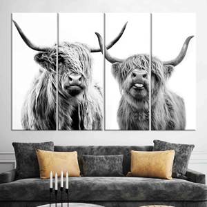 Impression sur toile de vache des Highlands : décoration de ferme écossaise en noir et blanc, lot de 4 toiles - Product Image 1