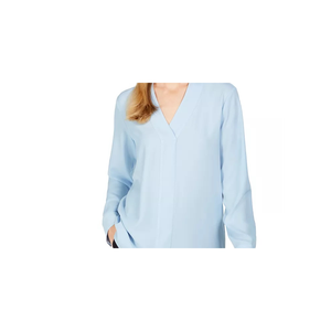 Top da Donna Calvin Klein con Scollo a V Blu Taglia Media Design Semplice a Quadri e Pois Decorazione in Pizzo Abbigliamento da Ufficio in Maglia e Chiffon - Product Image 2