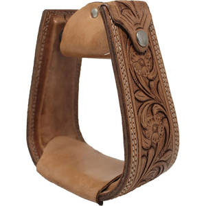 Étriers de selle de cheval Western de qualité supérieure 5 "de large Floral usiné Tan cuir recouvert d'étriers d'équitation robustes Sentier équestre - Product Image 4