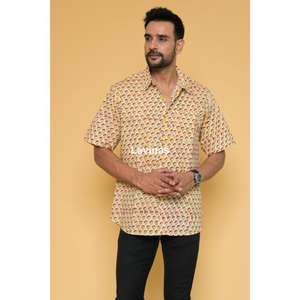 Camisa de media manga con estampado de bloques florales amarillos para hombre, Top informal de verano para playa, 100% algodón - Product Image 1