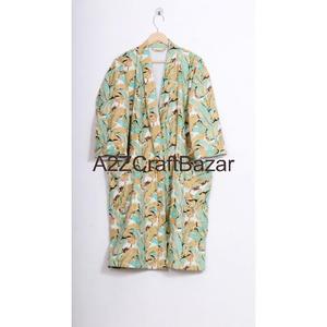 Kimono Vintage 100% Algodón con Estampado Floral, Cierre con Cordón, Mangas Largas, Largo hasta los Shorts - Boda India, Dama de Honor - Product Image 1