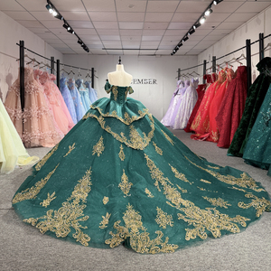 8536 Exquisitos vestidos de noche abullonados de color verde esmeralda con encaje dorado - Product Image 3