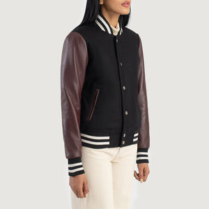 Chaqueta de Béisbol Varsity para Mujer, Negra, con Mangas en Contraste, Tejida, Transpirable, de Invierno, con Cuello Alto, Estampada, Cierre de Lana, Precio de Fábrica - Product Image 6