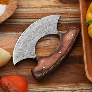 Cuchillo Ulu de Acero de Damasco Hecho a Mano, Cortador de Pizza de Cocina y Rebanador de Chef, Mango de Madera y Funda de Cuero - Product Image 1