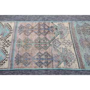 พรมวินเทจ Herki ขนาดเล็ก 2.4x9.9 ฟุต (73x303 ซม.) พรมขนสัตว์ลายเรขาคณิตสีเทอร์ควอยซ์แบบตุรกี - Product Image 4