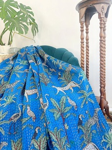 Kantha Stitch Pure Cotton Reversible <b>Bed</b>/Sofa <b>Throw</b> Handmade Floral Dohar Royal Blue Safari Tropical Exotic Forest Winter Hotels - Product Image 5