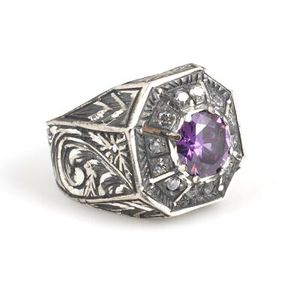 Men's 925 Sterling <b>Silver</b> Octagonal Amethyst Color Zircon Stone Ring Rhodium Plated Dainty <b>Pen</b>-Shaped for Everyday Wear - Product Image 2