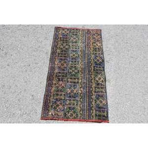 Tribal verde azul 2x3,7 pies alfombra turca hecha a mano tejido plano respaldo de látex Material de lana viscosa Patchwork para entrada de pasillo - Product Image 1