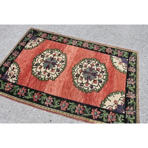 Auténtica Alfombra de lana turca Vintage 3,9 pies X 5,8 pies elegante obra maestra tejida a mano con patrón de retales de tejido plano con respaldo de látex - Product Image 2