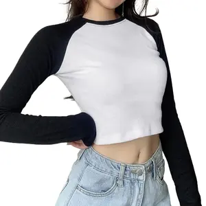売れ筋女性長袖通気性クロップドTシャツカジュアルウェアコットンTシャツOネックアンチピリングTシャツ品質