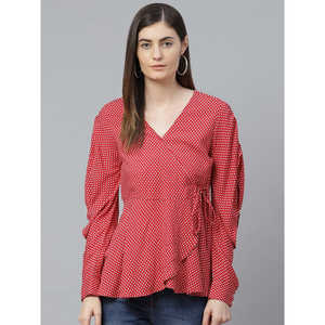 เสื้อลายจุดผ้าเรยอนสำหรับผู้หญิง, เสื้อพิมพ์ลายจุดสีแดงสำหรับใส่ได้พอดีกับ1291YKRED-S - Product Image 1