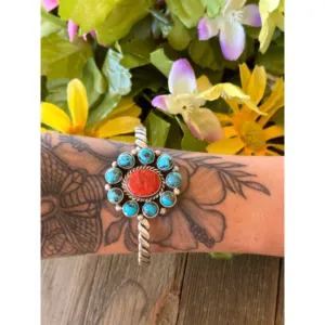 Navajo Made Multi Stone & Sterling Silver Cluster Cuff Bracelet - Product Image 2