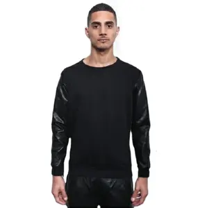 Camisa de manga larga transpirable de color negro para hombre con mangas de cuero Camiseta personalizada Mangas de cuero Camisetas Fabricante 2024