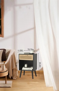 Table de chevet en bois de manguier et rotin avec étagère ouverte et tiroir Table de chevet en rotin noir pour décoration de chambre à coucher moderne - Product Image 4