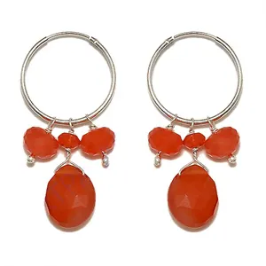 Boucles d'oreilles créoles en or blanc pour femmes avec pierre de cornaline orange, styles pendantes et à clous, bijoux de fête, cadeau avec des accents de perles et de diamants - Product Image 1