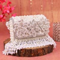 Pochette en velours brodé de soie faite à la main avec nœud, fleurs de perles, fermeture éclair, pompon, pour mariée, soirée, vintage, mode féminine, avec chaîne bandoulière