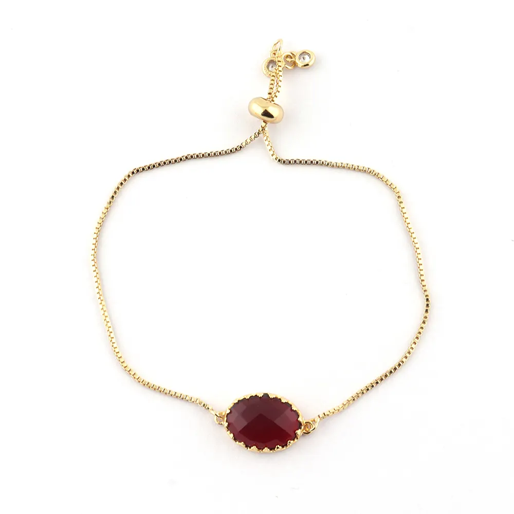 Gold Plated Garnet Gemstone Adjustable Brass Link Chain Bracelets | Collet Setting Oval Shape Gemstone Jewelry. Mode Joyas B-253